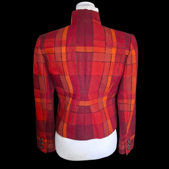 Vintage Carlisle Plaid Red Orange Cropped Long Sleeve Wool Jacket Women Size 2 - Picture 8 of 16